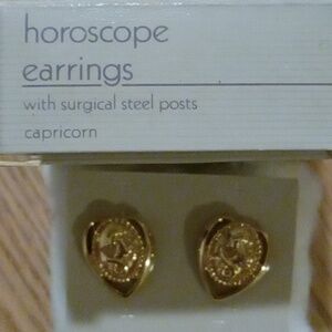 Vintage capricorn stud gold toned earrings dated 1991 uncirculated embossed nib